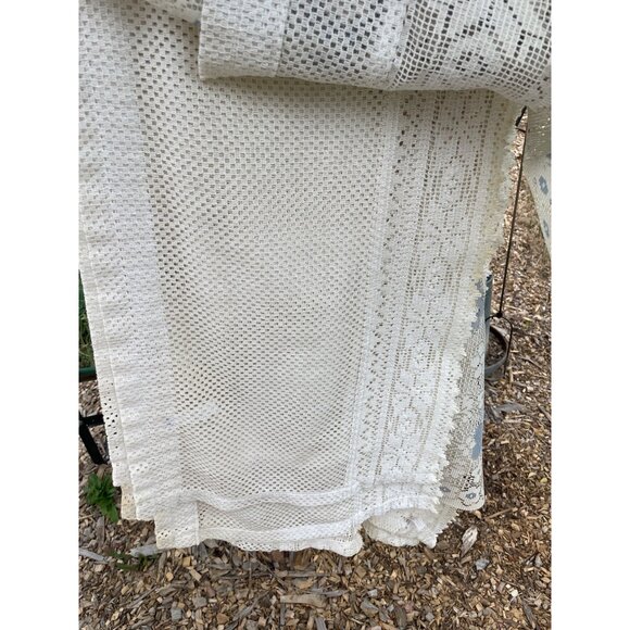 Vintage Sears Floral Lace Curtain Panels White & Blue Crochet Hearts Pattern Etc - Picture 8 of 12